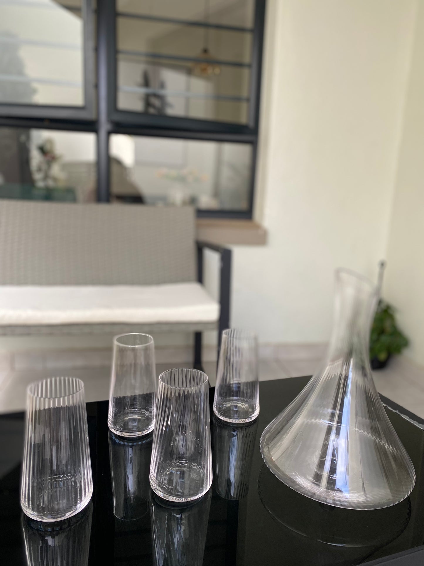 Ribbed decanter and glasses  5 piece set