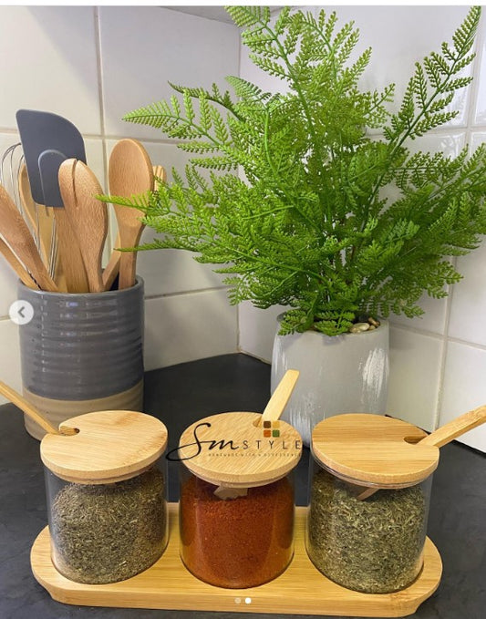 Glass jar set with wooden lid and spoons